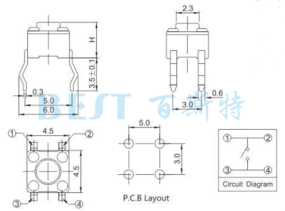 輕觸開關(guān)TS-1102B參考圖紙 輕觸開關(guān)TS-1102B參考圖紙